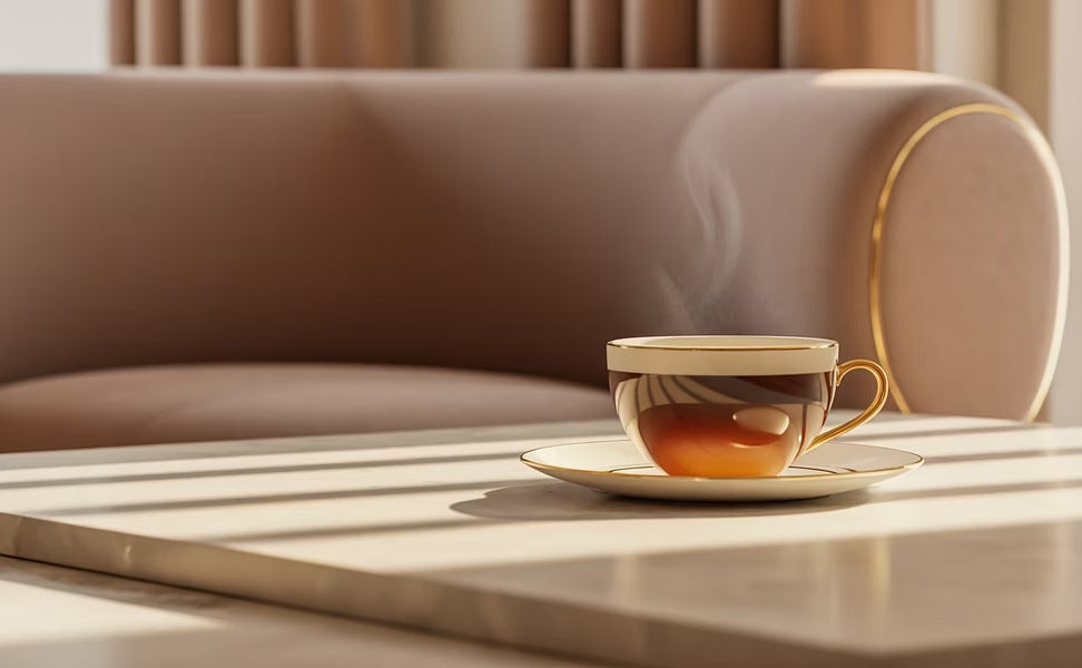 Teacup on a saucer on a wooden table with a blurred sofa in the background