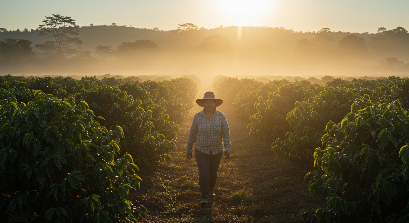 Person walking through a coffee plantation at sunrise or sunset.