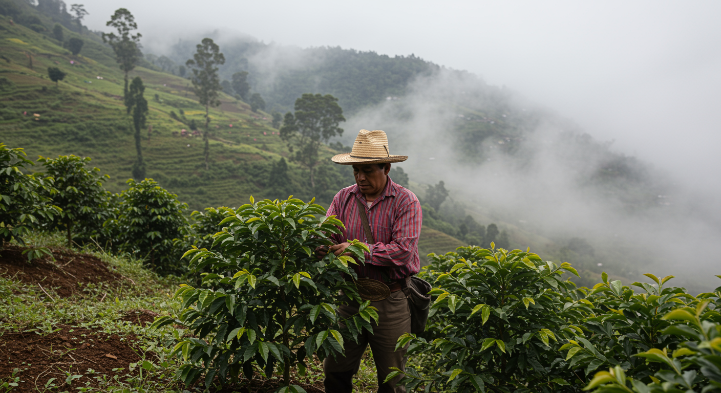Man in a hat and plaid shirt standing among coffee plants on a misty mountain landscape