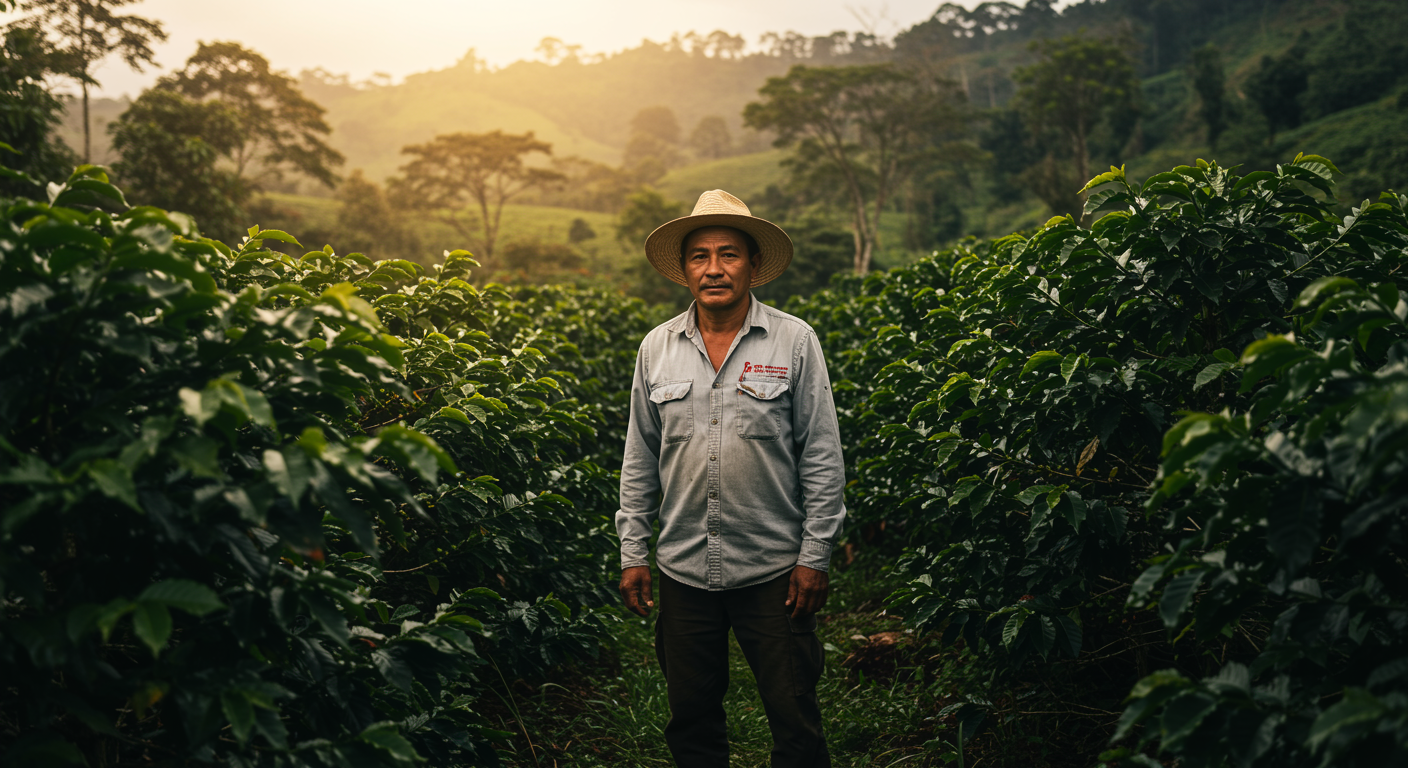 Man standing in a coffee plantation with a sunset in the background